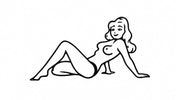 A minimalist black line art illustration of a woman reclining on a plain white background.